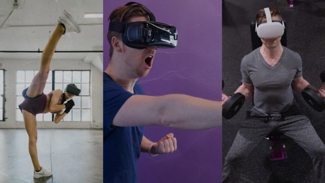 Three people engaging in fitness activities while wearing a VR headset
