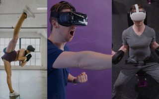 Three people engaging in fitness activities while wearing a VR headset