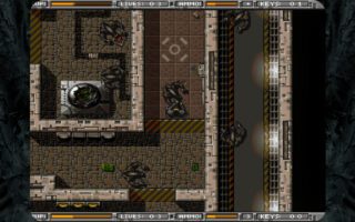 A top-down view of a marine moving through the metal corridors of a space station in Alien Breed, shown inside the collection's CRT-style screen frame.
