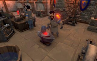 A blacksmith hammers glowing metal on an anvil inside a stone workshop in Blacksmith Master, with a forge and workbenches around him.
