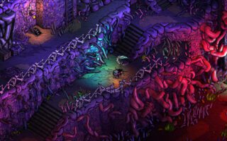 A side-scrolling scene from Blighted: a character on a stone walkway inside a purple, overgrown cavern lit by teal light.