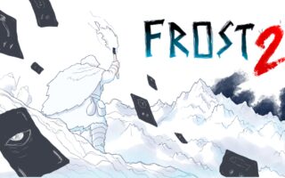 Hand-drawn key art for Frost 2: a hooded figure in white trudges through snow toward mountains while cards fall through the air, with the Frost 2 title in the top right.