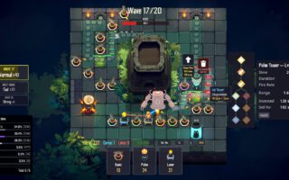 A top-down tower defense level in Jarred Defense: a grid of small towers forming a maze around a large robot, with a jar at the center and a tower stats panel on the right.