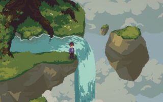 A pixel-art character stands at the edge of a waterfall on a grassy floating island, with more islands drifting in a pale sky behind