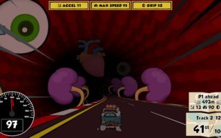 A small camper van races down a red road inside a cartoon human body, past a giant eyeball, a heart and purple kidneys