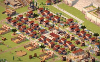 An ancient Greek city in Theos: Cities of Myth seen from above, with tiled houses, temples and roads lined with trees