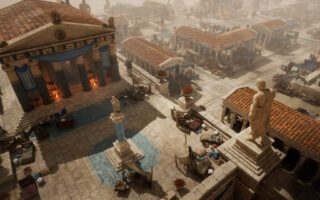 A hero stands in a sunlit Greek temple courtyard with statues and columns in Titan Quest II