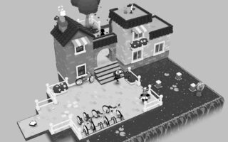 Black-and-white scene from TOEM 2: the young photographer walks past two brick houses joined by an archway, with a bicycle by the front steps and a seagull on the roof.