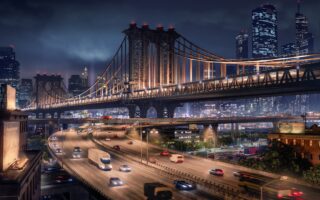 A suspension bridge lit up at night above a busy curving highway, with lit skyscrapers behind it, in Transport Fever 3 key art.