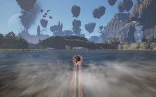 A superhero flies low over open water toward a city skyline under a blue sky with floating debris, from UNDEFEATED: Genesis.