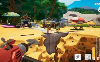 Two players with backpacks and shovels stand on a sandy beach next to a deep trench, with a shop, umbrellas and trees behind them.