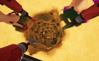 Overhead view of red power-drill shovels from several players pointed into one spiraling hole in yellow sand, with sandaled feet around the rim.