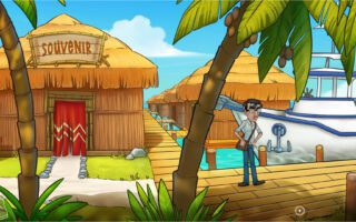 A cartoon young man in glasses stands on a wooden dock between palm trees, thatched souvenir huts and a moored white boat.
