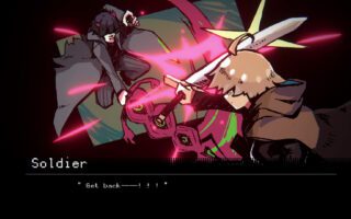 An anime-style soldier swings a sword into a monster in a burst of red light inside a dark dungeon.