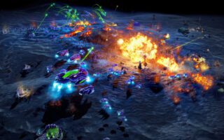 Glowing purple hover tanks advance across a dark, frozen battlefield toward a large orange explosion, with green missile trails arcing overhead