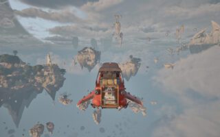 A small red aircraft flies over a sea of clouds toward floating rock islands under a pale sky.