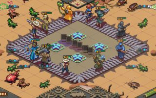 Pixel-art mercenaries stand on an isometric station platform in the desert while giant insects close in.