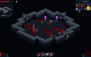 A pixel-art stone basement room seen from above at an angle, with a blood-stained floor, glowing purple crosses on the walls and small figures fighting in the middle.