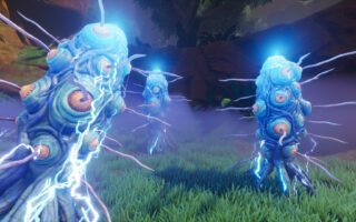Three tall blue alien creatures covered in eye-like growths crackle with electricity in a misty Martian cavern.