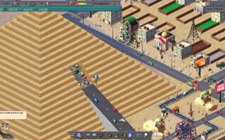 Isometric pixel-art view of a huge paved parking lot spreading between city buildings