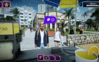 First-person view from behind a lemonade stand on a palm-lined Miami street, with a customer waiting at the counter.