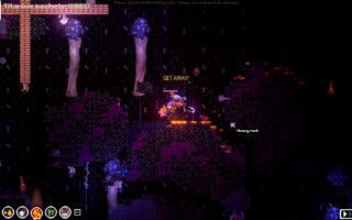 A small figure with a light crosses a dark purple cave lined with tall glowing mushrooms.