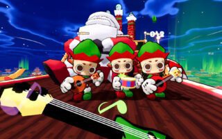 Three cartoon elves in green hats playing guitars on Santa's sleigh under a night sky