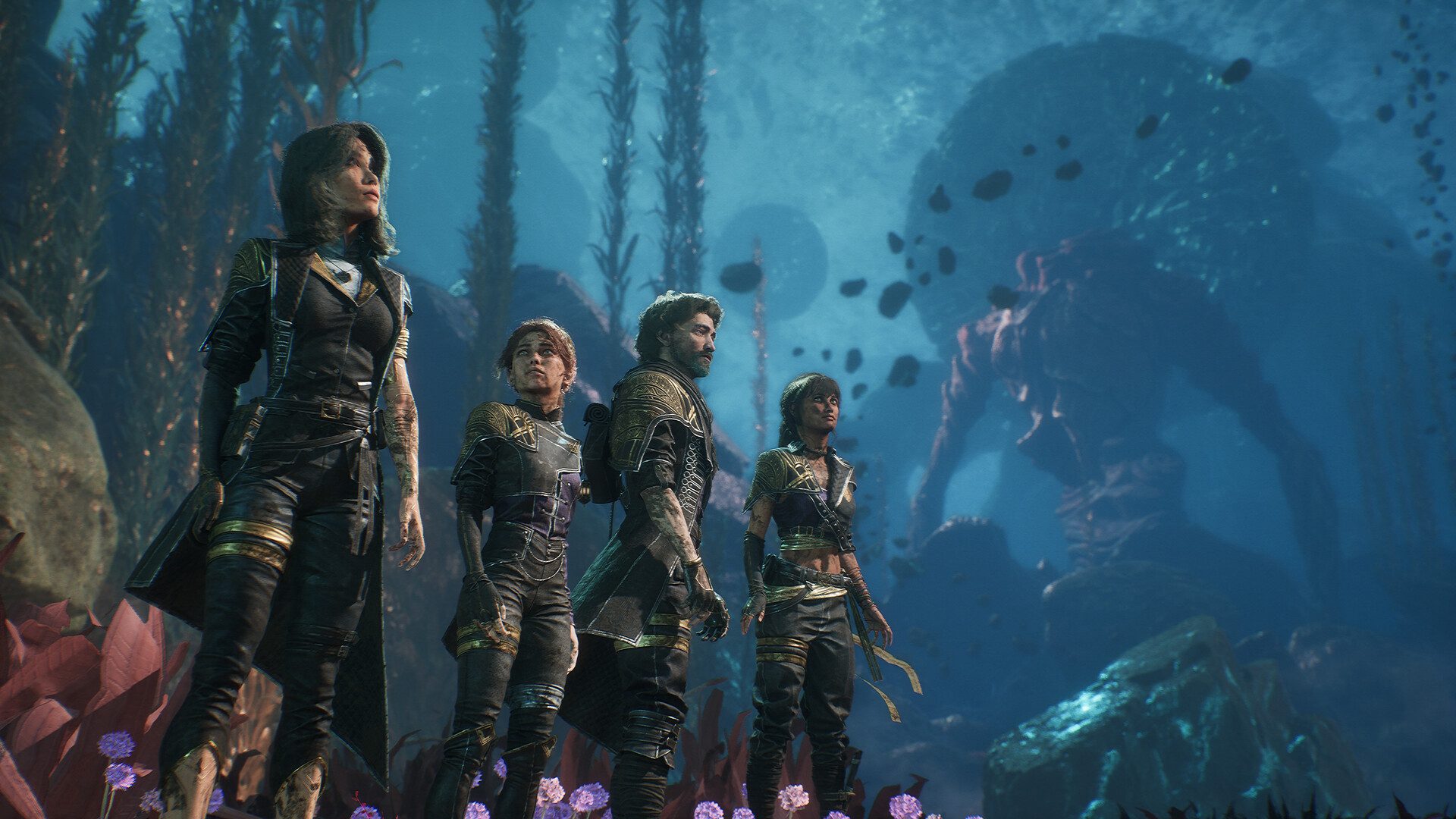 Four members of Expedition 33 stand together in a blue-lit forest of strange plants in Clair Obscur: Expedition 33