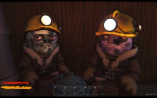 Two grumpy cartoon miners in yellow hard hats with headlamps sit side by side in a wooden room.