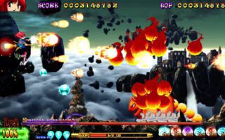 A red-haired witch on a broomstick fires at flaming enemies above clouds, with a castle and waterfall on a floating rock behind her.