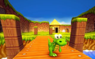 Croc, a small green crocodile, stands on a wooden plank bridge that leads to a straw-roofed hut between grassy cliffs under a blue sky.