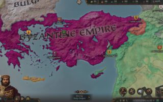 Crusader Kings III strategy map with the Byzantine Empire shaded purple across Greece and Anatolia, a crowned ruler's portrait in the lower left corner.
