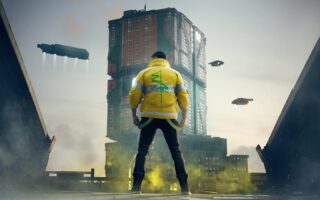 A character in a yellow jacket stands on a rooftop facing tall city towers while flying vehicles pass through a hazy sky.
