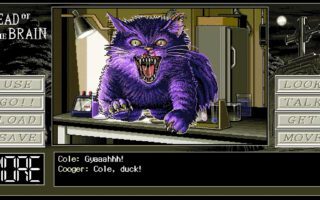 A snarling purple mutant cat in a laboratory, framed by the game's command buttons, with dialogue below where Cooger tells Cole to duck.
