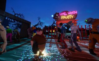 A crowd of cartoon zombies shuffles toward a player outside a neon Halloween Party sign at night.