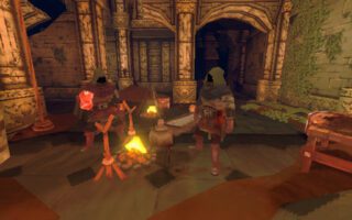 Hooded adventurers stand around a small campfire in a carved stone dungeon hall lit in warm orange.