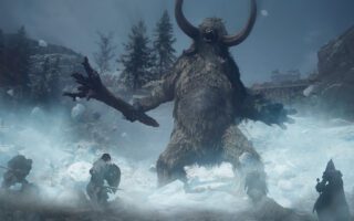 A party of adventurers faces a huge horned beast in a snowy forest under a pale sky.