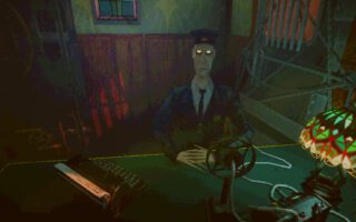 A gaunt train conductor with glowing white eyes sits behind a desk with a typewriter and a green stained-glass lamp in a dim wood-panelled carriage