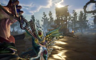 A hand holds up a spiky mutant fish on a hook, with a wooden watchtower over flooded swamp water behind.