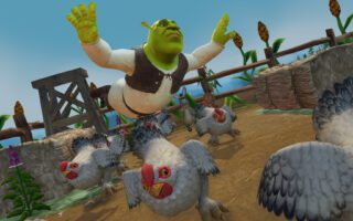 Shrek leaps into the air above a flock of grey chickens in a fenced farmyard.