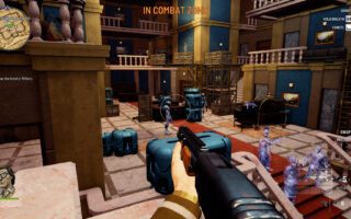 First-person view down a shotgun barrel in an ornate hotel lobby, with translucent blue enemy figures on the staircase ahead.