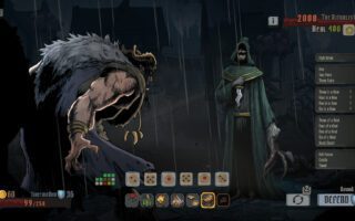 A hulking hooded hero faces a tall cloaked figure on a rainy street, with dice and combat menus along the bottom of the screen.