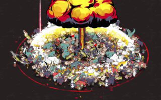 A huge crowd of tiny cartoon fighters packed into a circle beneath a giant mushroom-cloud explosion
