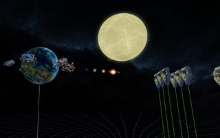 A formation of starships fires across space beside a pale moon and a blue planet.