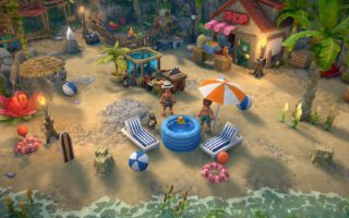 A sunny beach village with a shop, deck chairs, a paddling pool and villagers among palm trees, seen from above.