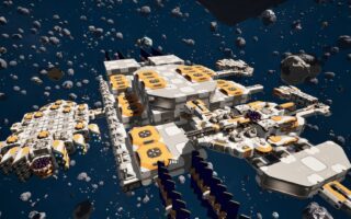 A large white and orange modular space station with docked ships floating in a dense asteroid belt against a dark blue sky