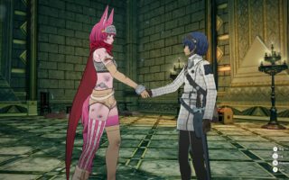 A red-haired woman in a pink costume shakes hands with a blue-haired young man in a white coat inside a dim stone hall.