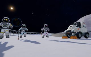 Astronauts in white suits working on the grey lunar surface beside a small vehicle under a black sky
