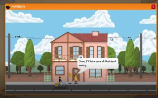 A window titled Paperboy on an orange retro desktop shows a pixel-art street of houses, a figure on a bicycle and a speech bubble.