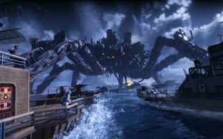 Armed ships with cannons sail through rain toward a giant tentacled creature built from wrecked ships and buildings.